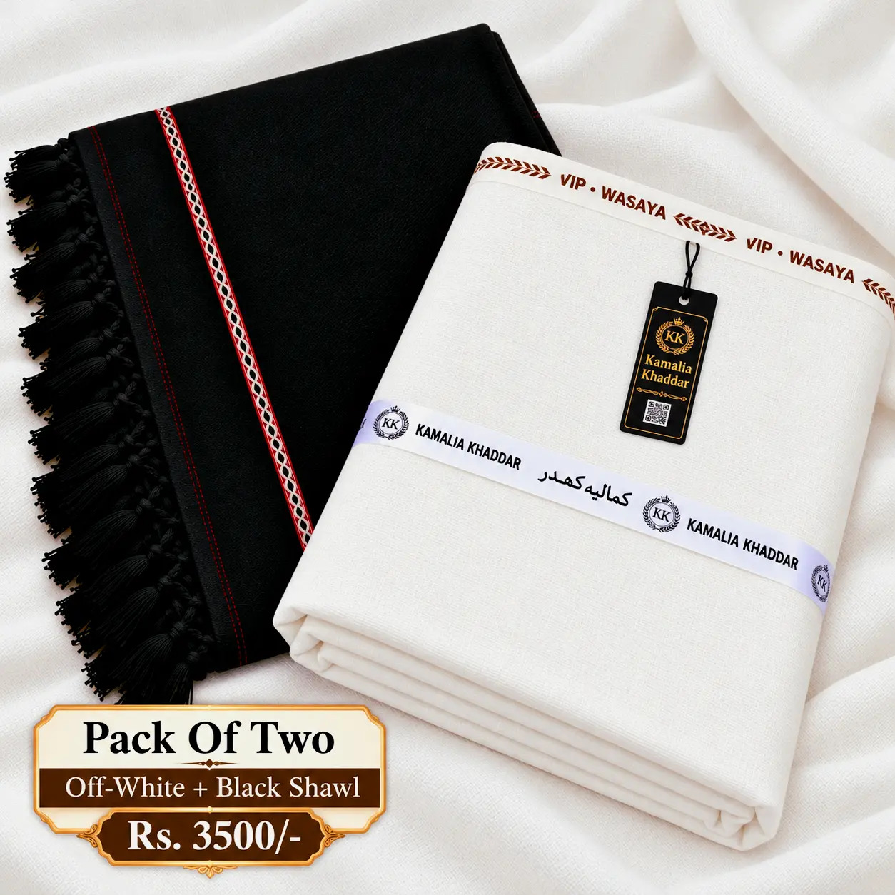 Pack Of Two | Off-White Karandi Suit + Black Shawl |